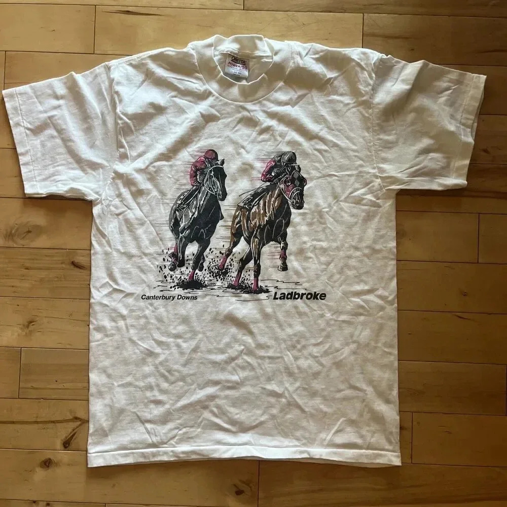Vtg Oneita Power 50 Single Stitch Canterbury Downs Ladbroke T-Shirt Tee Size L